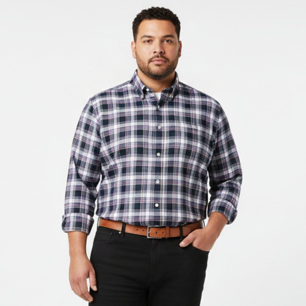 Jos. A. Bank Tailored Fit White & Purple Plaid Checks Long Sleeve Button Shirt